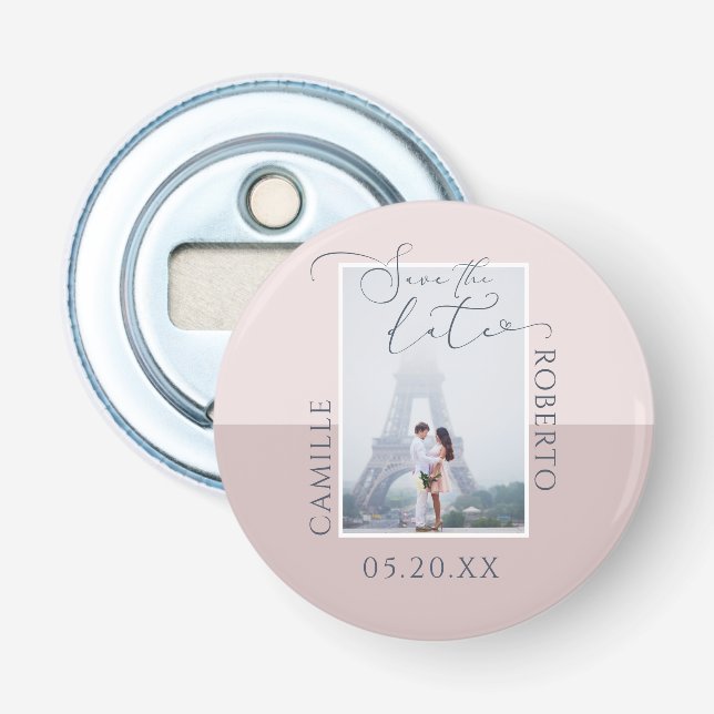 Modern & Elegant Pink Two Tone Photo Save The Date Bottle Opener (Front)