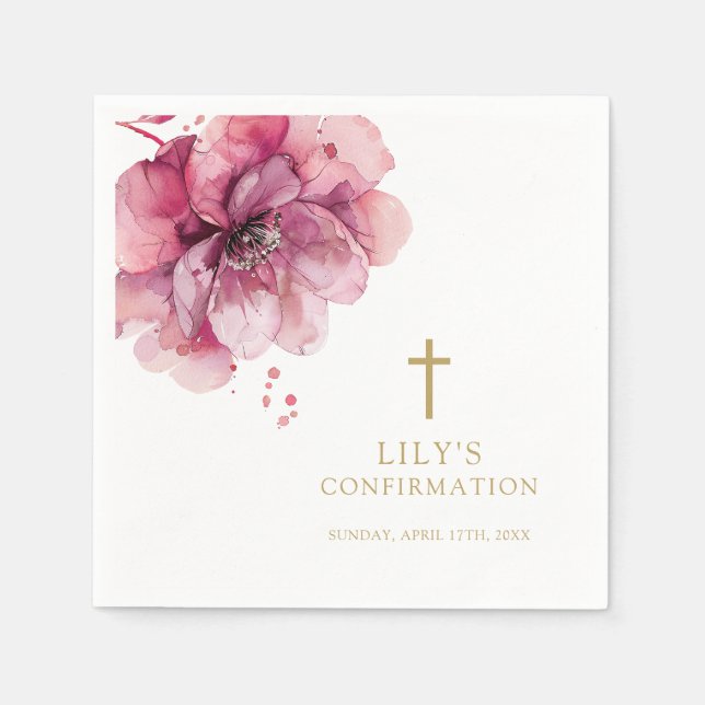 Modern Elegant Pink Watercolor Floral Confirmation Napkin (Front)