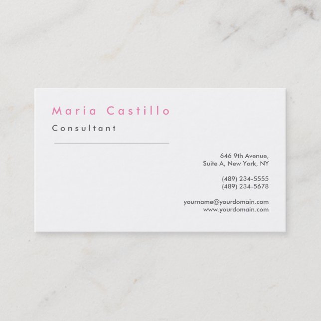 Modern Elegant Pink White Minimalist Plain Business Card (Front)