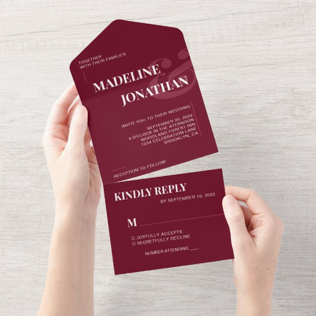 Modern Elegant Plain Plum Bold Wedding RSVP All In One Invitation (Tearaway)