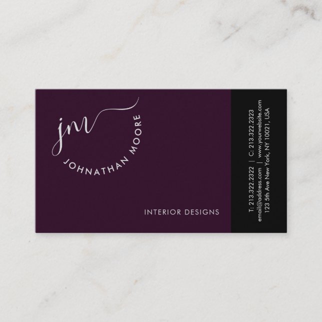 Modern Elegant Plum Curvature Script Monogram Business Card (Front)