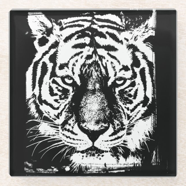 Modern Elegant Pop Art Tiger Head Template Glass Coaster (Front)