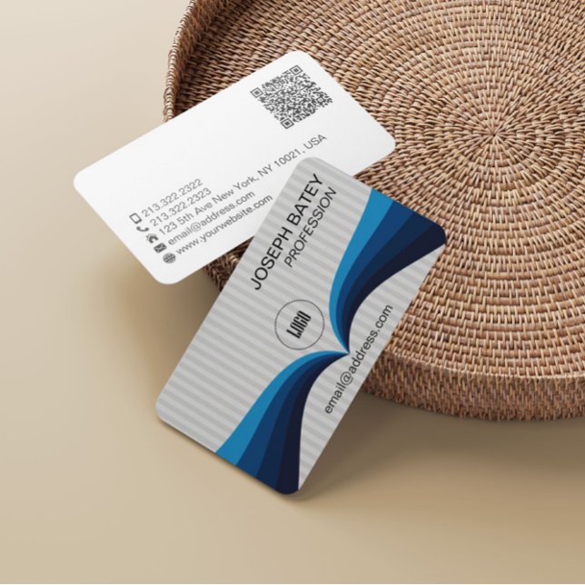 Modern Elegant Professional Blue Wave QR Code Business Card (Creator Uploaded)