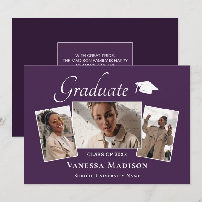 Modern | Elegant Purple 3 Photo Graduation Announcement (Front/Back)
