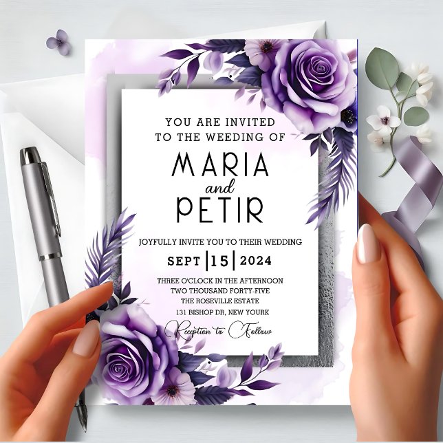 Modern , Elegant Purple and Silver Floral Wedding Invitation (Creator Uploaded)