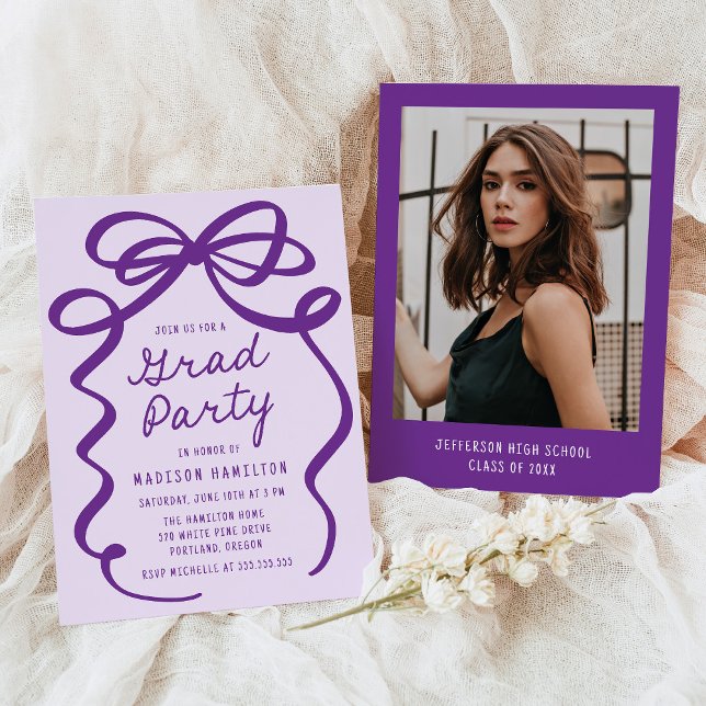 Modern Elegant Purple Bow Photo Graduation Party Invitation (Creator Uploaded)