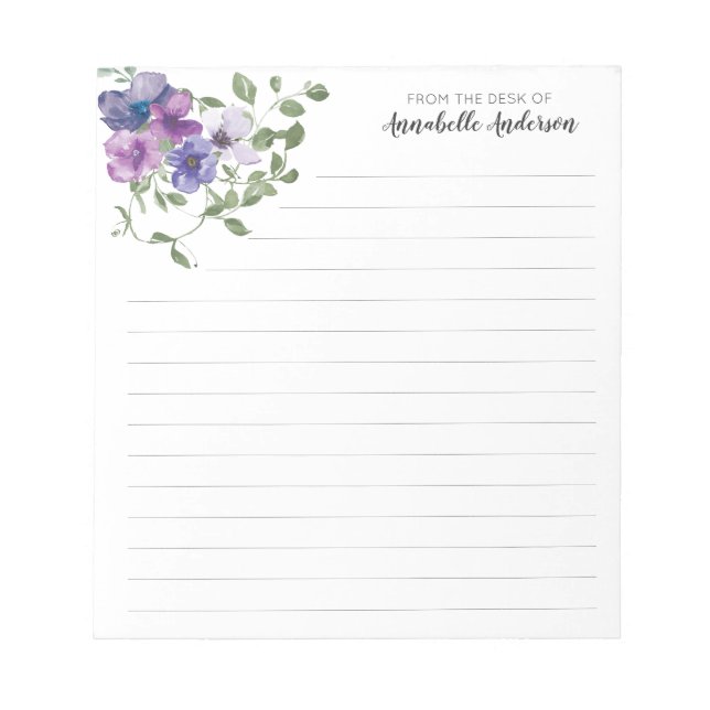 Modern Elegant Purple Floral Watercolor Desk Notepad (Front)