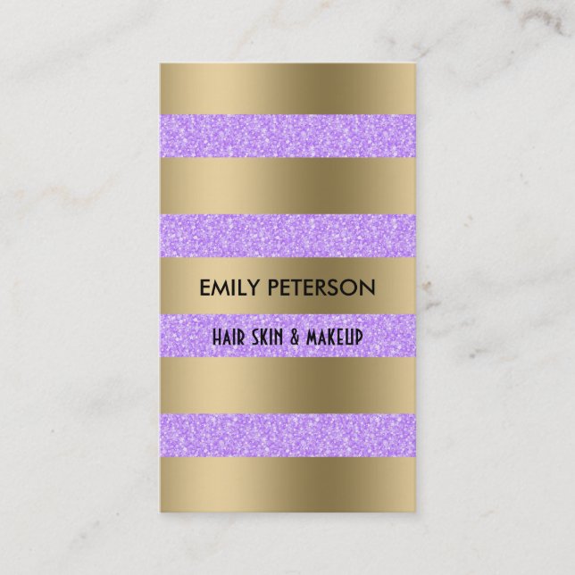 Modern Elegant Purple Glitter And Gold Stripes Business Card (Front)