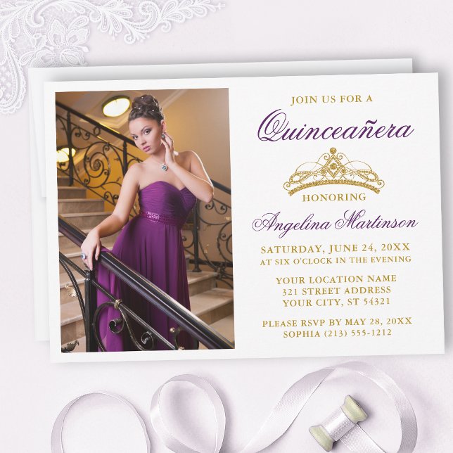 Modern Elegant Purple Gold Crown Photo Quinceanera Invitation (Customize to change text size, style, color or to add text or more photos to back of card.)