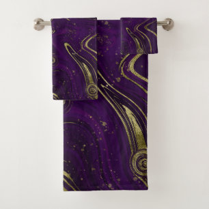 Modern Elegant Purple & Gold Marble Swirl Bath  Towel Set