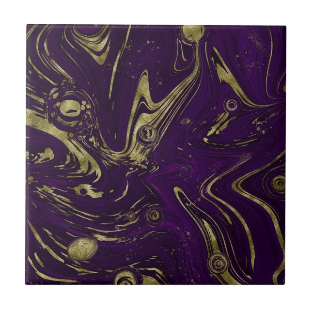 Modern Elegant Purple & Gold Marble Swirl  Tile (Front)