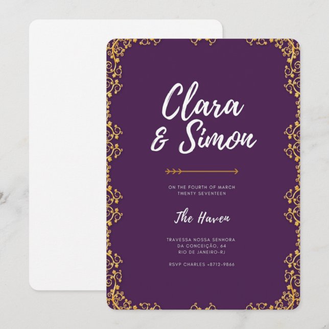 Modern Elegant Purple Gold Wedding Invitation (Front/Back)