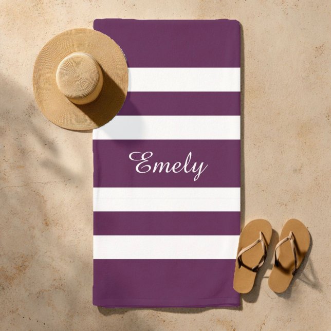 Modern Elegant Purple Stripes Pattern Name Beach Towel (Modern Elegant Purple Stripes Pattern Name Beach Towel)