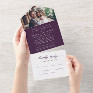 Modern Elegant Purple Violet Photo RSVP Wedding All In One Invitation