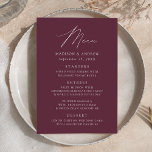 Modern Elegant Purple Wedding Menu<br><div class="desc">Simple and elegant wedding menu featuring "Menu" displayed in a modern white script with a purple background or colour of your choice. Personalize the purple wedding menu by adding your names,  wedding date,  and menu information. Designed to coordinate with our Modern Elegance wedding collection.</div>