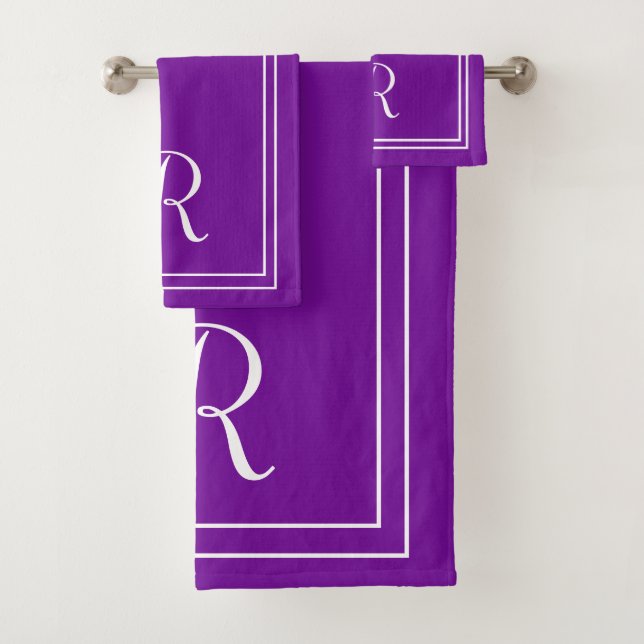 Modern Elegant Purple & White Monogram Bath Towel Set (Insitu)
