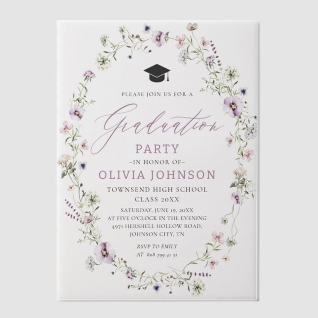 Modern Elegant Purple Wildflower Graduation Party Vellum Invitations (Front)