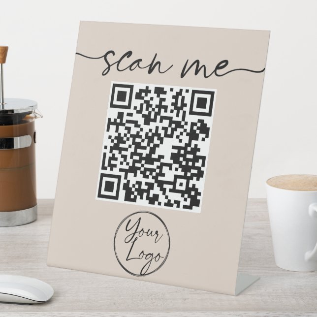 Modern Elegant QR Code Beige Pedestal Sign (In SItu)