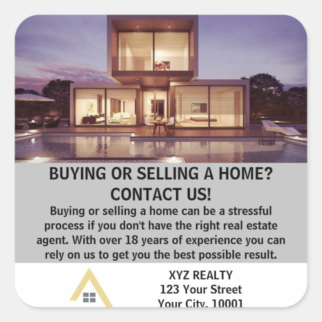 Modern Elegant Real Estate Property Promotion Square Sticker (Front)