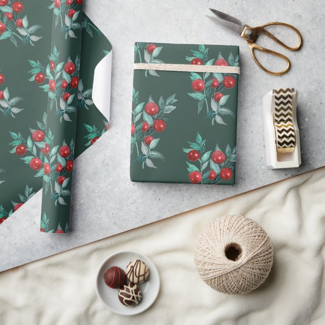 Modern Elegant Red Berries on Dark Christmas green Wrapping Paper (Crafts)