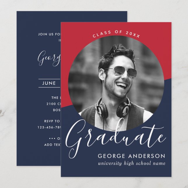 Modern Elegant Red Blue White | Photo Graduation Invitation (Front/Back)