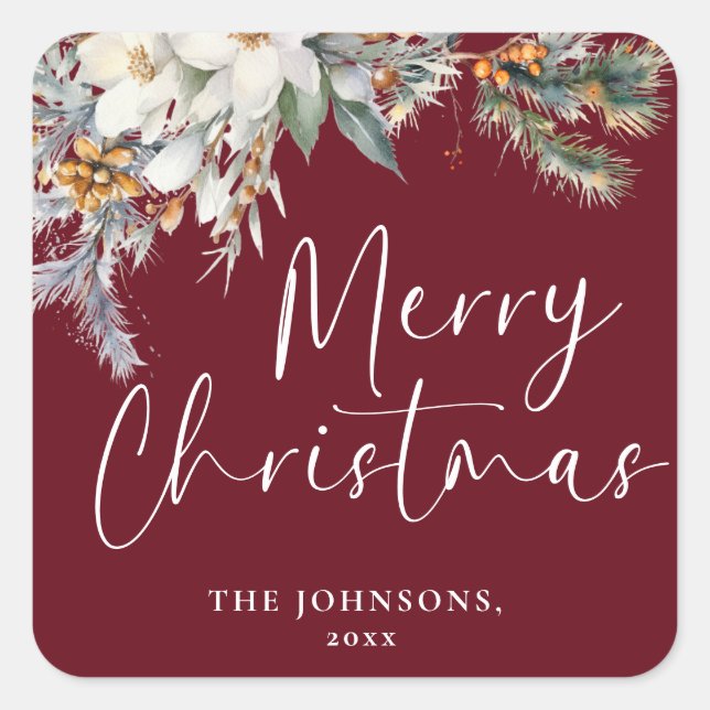 Modern Elegant Red Christmas Custom Botanical Square Sticker (Front)
