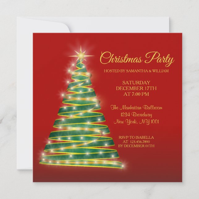 Modern Elegant Red Gold Green Christmas Tree Party Invitation (Front)