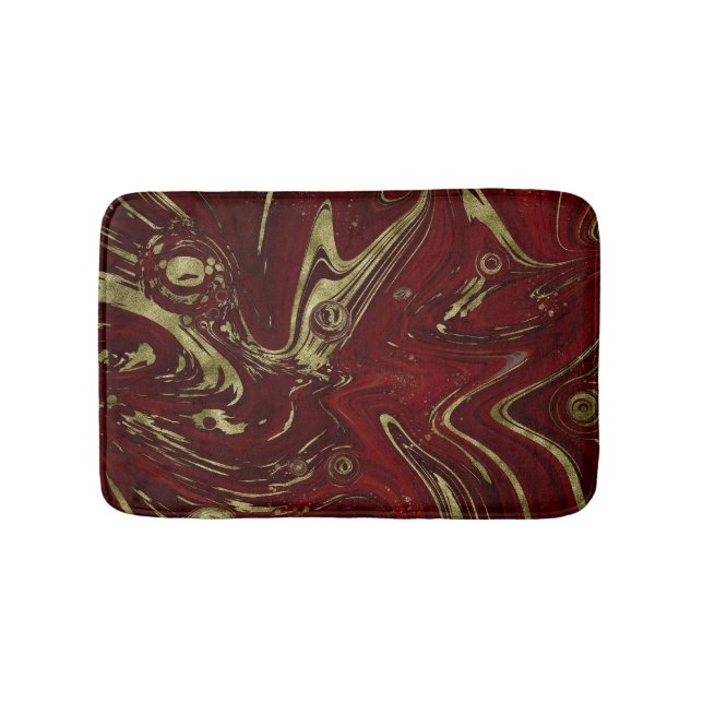 Modern Elegant Red & Gold Marble Swirl Bath Mat (Front)
