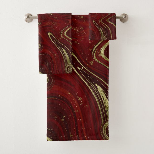 Modern Elegant Red & Gold Marble Swirl Bath Towel Set (Insitu)