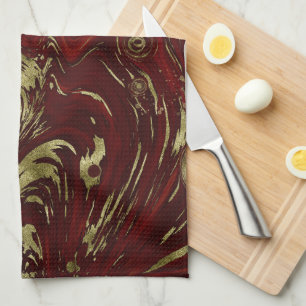 Modern Elegant Red & Gold Marble Swirl  Kitchen Towel
