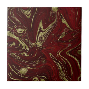 Modern Elegant Red & Gold Marble Swirl Tile
