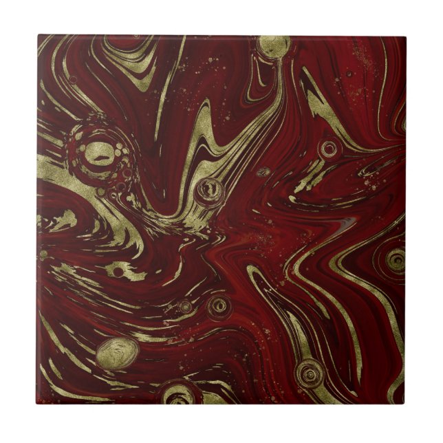 Modern Elegant Red & Gold Marble Swirl  Tile (Front)