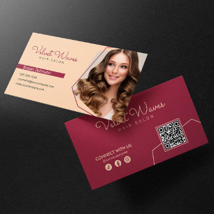 Modern Elegant Red Hair Stylist Makeup QR Code Business Card