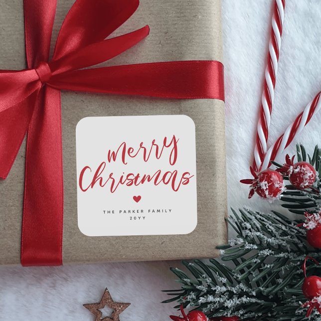 Modern Elegant Red Heart Merry Christmas Square Sticker (Creator Uploaded)