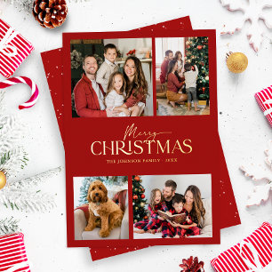Modern Elegant Red Merry Christmas Family Photo Foil Holiday Card