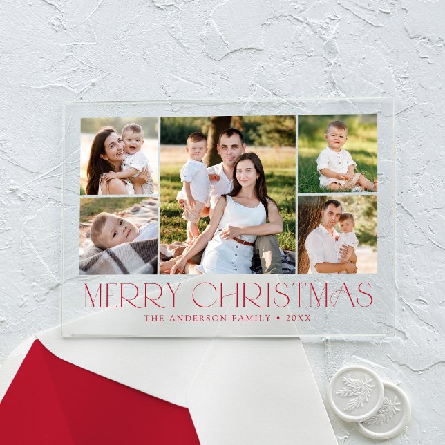 Modern Elegant Red Merry Christmas Photo Collage Acrylic Invitations (Creator Uploaded)