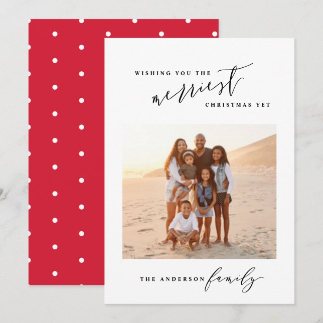 Modern elegant red script 1 photo Christmas Holiday Card (Front/Back)