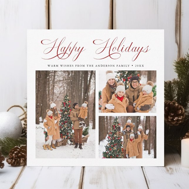 Modern Elegant Red Script Happy Holidays 3 Photo Holiday Card (Creator Uploaded)