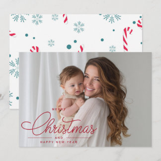 Modern Elegant Red Script Photo Merry Christmas Holiday Card