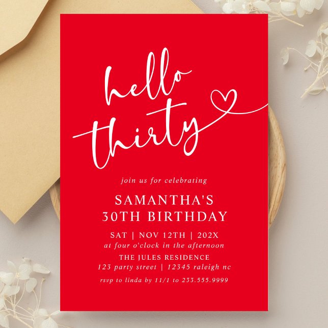 Modern Elegant Red White Hello 30th Birthday Party Invitation (Creator Uploaded)