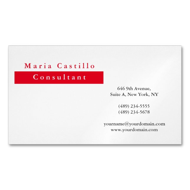 Modern Elegant Red White Minimalist Magnetic Business Card (Front)