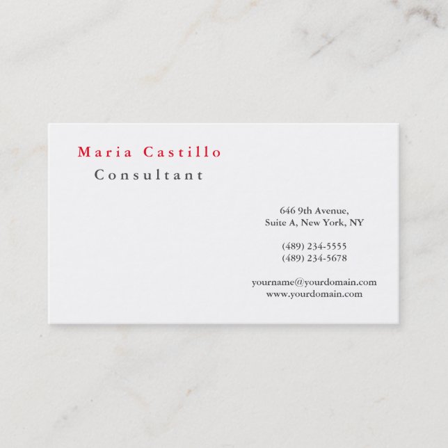 Modern Elegant Red White Minimalist Plain Business Card (Front)