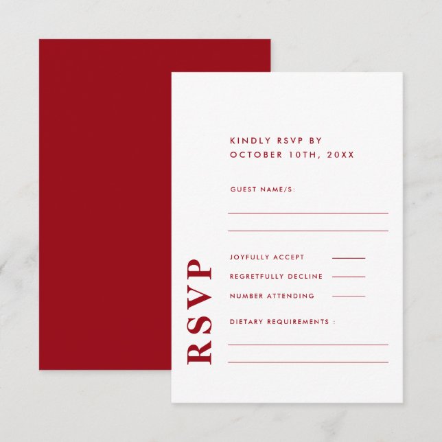 Modern Elegant Red & White Simple Wedding  RSVP Card (Front/Back)