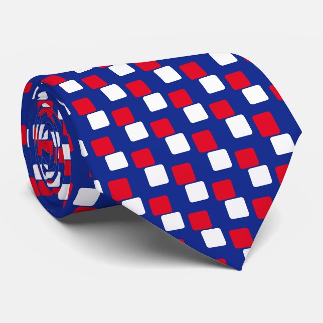 Modern Elegant Red & White Squares on Blue Tie (Rolled)