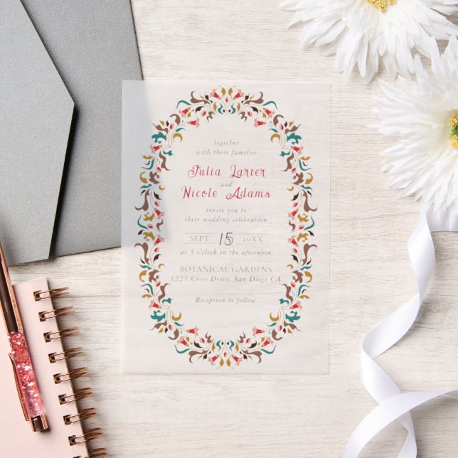 Modern Elegant Romantic Floral Wreath Wedding Vellum Invitations (Wedding)