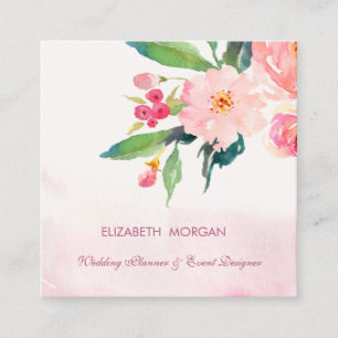 Modern Elegant Romantic Watercolor Flowers Square Business Card
