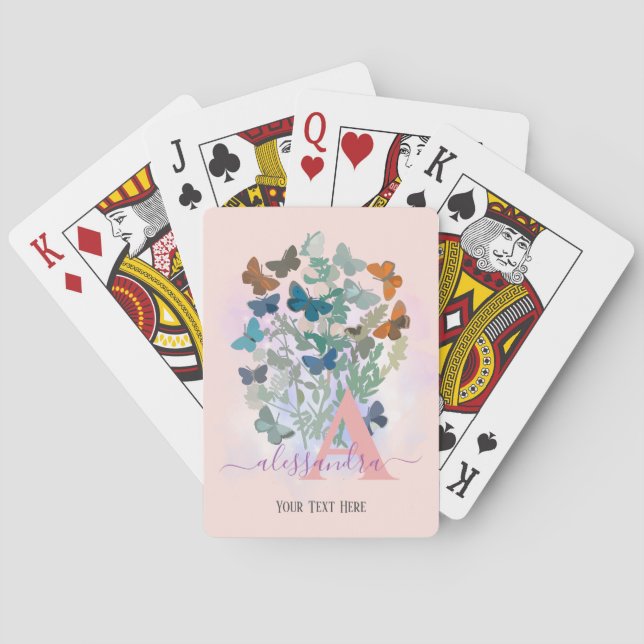 modern elegant rose butterfly monogram blush name playing cards (Back)