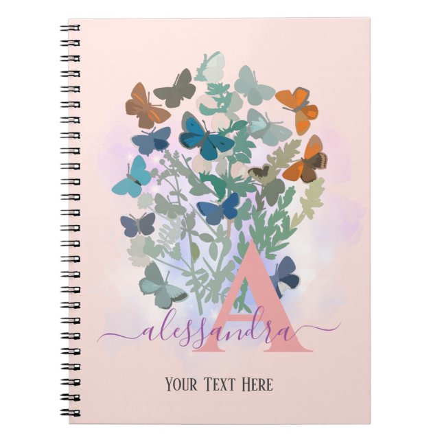 modern elegant rose butterfly monogram gratitude  notebook (Front)