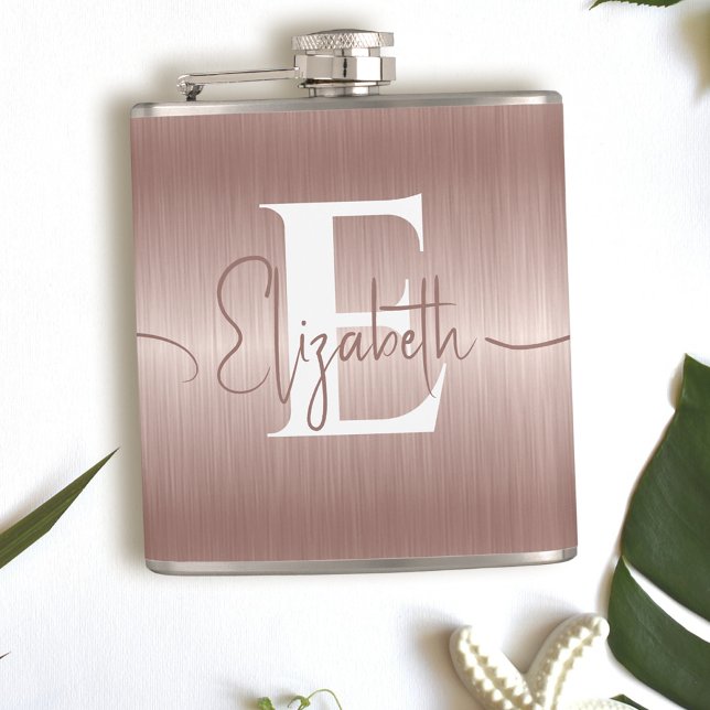 Modern Elegant Rose Gold Brushed Metal Monogrammed Hip Flask (Creator Uploaded)