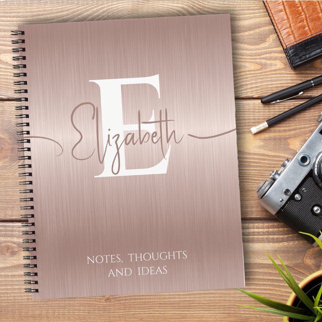 Modern Elegant Rose Gold Brushed Metal Monogrammed Notebook (Creator Uploaded)